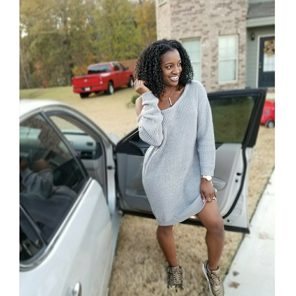 Grey off-the-shoulder knit dress